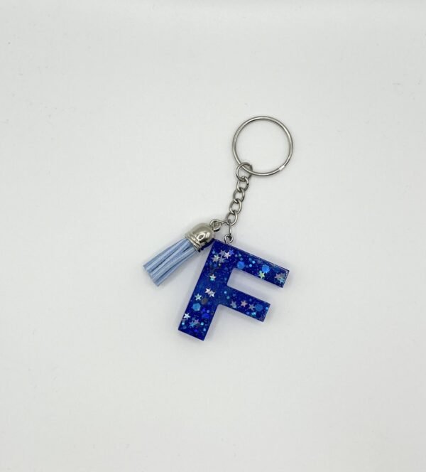 Porte clé lettre F bleu avec paillettes