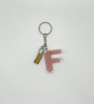 Porte clé lettre F rose avec paillettes dorées
